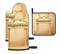 Antique Building with Roman Olive Branch and Greek Printed Kitchen Baking Three-Piece Heat-Resistant Thick Cotton Oven Gloves for Cooking and Baking.