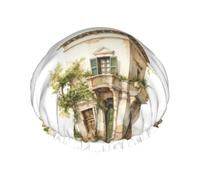Antique Building with Roman Olive Branch and Greek Reusable Shower Cap for Women, Double Waterproof Layers Bath Hat, Hair Treatment Essentials