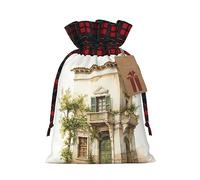 Antique Building With Roman Olive Branch And Print Christmas Wrapping Bags Gift Bags With Drawstring, Xmas Party Presents And Favors