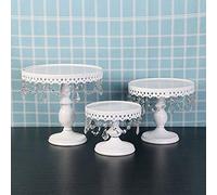 Antique Cake Stands with Crystals Hanging Bead, Round Metal Plate Holder for Dessert Cupcake|Ideal for Wedding Birthday Party Cakes Pedestal Display Stand (White, M)
