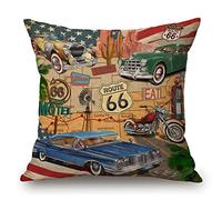 Antique Car Throw Pillow Cover, Old Classic Car Theme American Vintage Route 66 Diner Motorcycle Shabby Chic Home Decor Pillowcase for Sofa 18x18 Inches