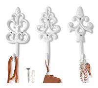 Antique Chic Cast Iron Decorative Wall Hooks - Rustic - Shabby French Country Charm - Large Decorative Hanging Hooks - Set of 3 - Screws and Anchors for Mounting Included - Powder Coat White