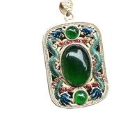 Antique Collection: Qing Dynasty Qianlong Year Made Silver Cloisonn é Double Dragon Play Bead Green Bead Pendant