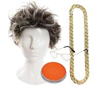 Antique Dealer Accessory Set - Wig, Gold Half Moon Glasses, Orange Face Paint and Plastic Gold Chain Necklace - Perfect for Best of British Themed Parties