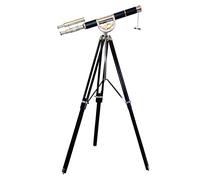 Antique Double Barrel Designer Black Leather Coverd Telescope with Wooden Tripod Floor Standing Nautical Spyglass Telescope For Navy And Outdoor Adventures.