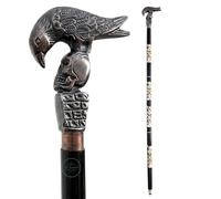 Antique Eagle Skull Head Wooden Black Golden Carving Walking Stick | Durable Wood & Metal Support Cane | Comfortable Grip | Classic Vintage Style Gift for Everyday Use