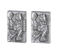 Antique Embossed Metal Gas Lighter, Vintage Handmade Brass Side Slide Grinding Wheel Ignition, Adjustable Flame, Refillable Fuel (Silver 2)(Silver)