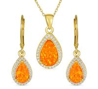 Antique Estate Style Elegant Gemstone CZ Accent Halo Solitaire Fire Orange Created Opal Teardrop Earrings Pendant Jewelry Set For Women Gold Plated.925 Sterling Silver