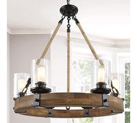 Antique Farmhouse Wagon Wheel Chandelier Seeded Glass Shade Rustic Wood & Rope Ceiling Light Fixture for Farmhouse Decor Vintage Lighting for Dining Room & Living Space