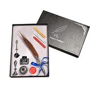 Antique Feather Pen Retro Writing Quill Exquisite Ornate Relief Retro Wax Seal Stamp Kit for Students Kit Including Rod/Replacement Tips/Wax Sticks Stamp/Metal Spoon/