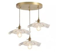 Antique Flower Glass Pendant Light 3 Light French Round Cluster Chandelier Long Gold Clear Lotus Petal Nordic Modern Ceiling Hanging Lamp for Dining Room Kitchen Island Stairwell F (3 Lights