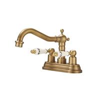 antique full copper double-handle double-hole basin hot and cold water faucet washbasin two-hole faucet, antique ceramic handle, low model