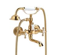 Antique Gold Bathtub Faucet Mixer with 2 Handles Wall-Mounted Showerhead & 1.5m Flexible Hose Vintage Style Brass Bath Tap for Elegant Bathrooms