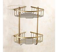 Antique Gold Brass Double Corner Shelf - 2-Tier Wall-Mounted Shower Caddy Stylish Triangle Rack with Hooks for Space-Saving Storage and Organization