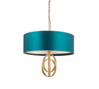 Antique Gold Ceiling Pendant Light & Teal Satin Shade - 3 Bulb Hanging Fitting