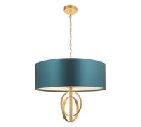 Antique Gold Ceiling Pendant Light & Teal Satin Shade - 5 Bulb Hanging Fitting