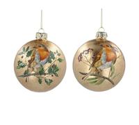Antique Gold Glass Bauble with Robin set of two Gisela Graham