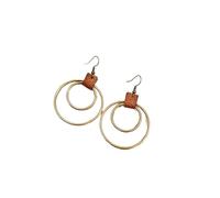 Antique Gold Plated Double Hoop Earrings with Leather Accent Retro Geometric Layered Circle Drop Earring Bohemian Style Metal Hoop Earring for Women