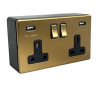 Antique Gold/Satin Brass Screwless USB Double Socket (Type A) & 32mm Black Surface Pattress Back Box