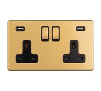 Antique Gold Screwless Switched USB Type A Double Socket Flat Concealed Plate Satin Brass CAG22UAB