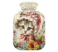 Antique Illustrations Flower Cat hot-Water Bottle with Soft Cover, 2L hot compresses for The Body for Sore Muscle, Hand Feet Warmer, Bolsa Caliente para Dolores musculares