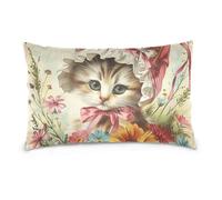 Antique Illustrations Flower Cat Standard/Queen Size empty pillow case with zipper 100 percent cotton pillowcase Lightweight, Soft Easy Care funda para almohada larga con adornos 20x30 inchs Set of 2