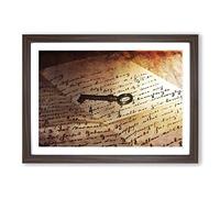 Antique Key and Letter Framed Print | A2 Walnut Framed Wall Art | Ready to Hang | Modern Nature Picture | Living Room Bedroom Lounge Office