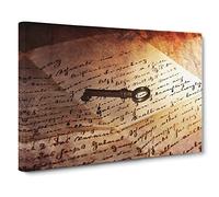 Antique Key and Letter Vintage Canvas Wall Art Print Ready to Hang, Framed Picture for Living Room Bedroom Home Office Décor, 20x14 Inch (50x35 cm)