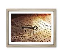 Antique Key and Letter Vintage Framed Print | A2 Oak Framed Wall Art | Ready to Hang | Classic Nature Picture | Living Room Bedroom Lounge Office