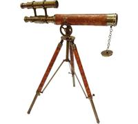 Antique Maritime Brass Telescope with Adjustable Wooden Tripod Stand Home Decorative Nautical Brass & Orange Leather Antique Telescope