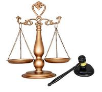 Antique Metal Justice Represent Libra Jewelry Tower/w Wooden Gavel and Block Set, Lawyer Scale of Justice, Judge Sound Block Set, Auction Sale - Golden, 15“ W x 17“ H