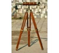 Antique Nautical Floor Standing Brass 18 Inch Telescope With Wooden Tripod Stand