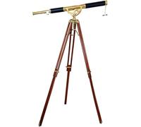 Antique Nautical Floor Standing Brass Single Barrel Telescope Black Leather Wooden Adjustable Tripod Telescope