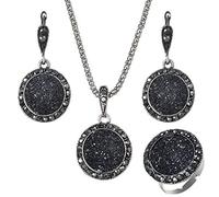 Antique Retro Round Black Stone Necklace Earrings Ring Wedding Jewelry Sets for Women,19mmUseful and Professional