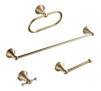 Antique Round Chassis Single Lever Toilet Paper Holder Towel Ring Hanging Hook Set of Four Pieces F68-40, Vintage Gold