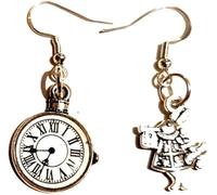 ANTIQUE SILVER ALICE IN WONDERLAND, THE LATE WHITE RABBIT EARRINGS & POCKET WATCH ON STERLING SILVER HOOKS