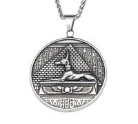 Antique Silver Egyptian Guardian Pyramid Medallion Anubis-Inspired Necklace | Pyramid Relief Design, Ancient Guardian Figure, Winged Disc Detail, Hieroglyphic Border, Anubis-Inspired Style