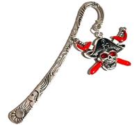 Antique Silver & Enamel Pirate Skull on Crossed Swords Bookmark with Rhinestone Eyes in a Velvet Gift Bag