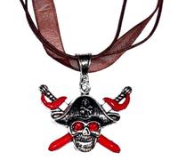 Antique Silver & Enamel Pirate Skull on Crossed Swords Pendant with Rhinestone Eyes on an Adjustable Cord and Organza Necklace in a Velvet Gift Bag