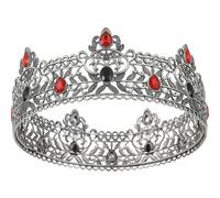 Antique Silver Full Round Tiara Royal King Crown for Men Black&Red Rhinestone Adult Birthday Crown Groom Wedding Carnival Dress Costume Party Hat for Halloween