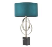 Antique Silver Table Lamp & Teal Satin Shade - Black Marble Base Desk Light