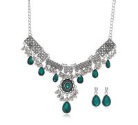 Antique Silver Teardrop Indian Jewelry Sets for Women Imitation Cubic Zirconia Vintage Bollywood Choker Necklace Elegant Dangle Drop Earring Boho Jewellery Diwali Festival Ethnic Wedding Prom Wear