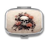 Antique Skull and Flower Pill Organizer 2 Compartments Small Pill Box Pocket Wallet Portable Travel Pill Case Metal Medicine Organizer