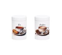 Antique Style Cup & Saucer Tea & Coffee Canisters Set - Shabby Chic Drinkware Home Gifts - White Screw Top Lid Kitchen Storage Containers 750ml Pack of 2