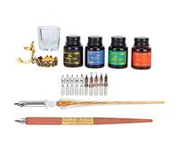 Antique Style Dip Pen Set 10 Nibs 5 Colors of Ink Smooth Writing Artistic Characters Posters Graffiti Stainless Steel Glass Wood Gift Box Packaging for Couples Elders Teachers 9.4x5.3x1.7in