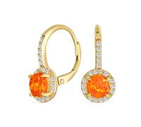 Antique Style Gemstone Cubic Zirconia Accent Pave Halo CZ Round Solitaire Circle Created Opal Drop Earrings For Women Lever Back Yellow Gold Plated .925 Sterling Silver October Birthstone