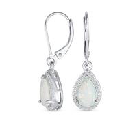 Antique Style Gemstone Cubic Zirconia Accent Pave Halo CZ Solitaire Teardrop Created White Opal Drop Earrings For Women Lever Back .925 Sterling Silver October Birthstone