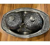 Antique-Style German Silver Condiment Set - 2 Bowl with Tray | Decorative Handcrafted Spice Container | Pooja, Dining Table, or Gifting Use (20.32 x 10.16 x 7.62 cm, Silver)