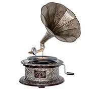 Antique style gramophone complete with horn round decorative wooden base