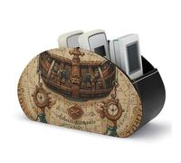 Antique Treasure Map Remote Control Holder, TV Remote Caddy Storage Box, Leather Desktop Organizer, PU Pencil Holder, Stationary Organizer for Living Room Office (5 Compartments)